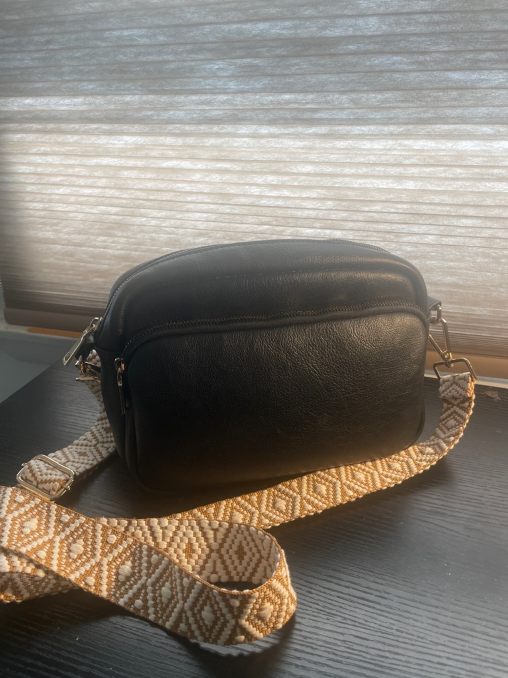 Vegan Leather Small Crossbody Bag black, with pockets and zippers inside and out